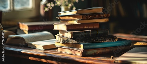 Open book with blank pages on a stack of other books on the table. Creative Banner. Copyspace image photo