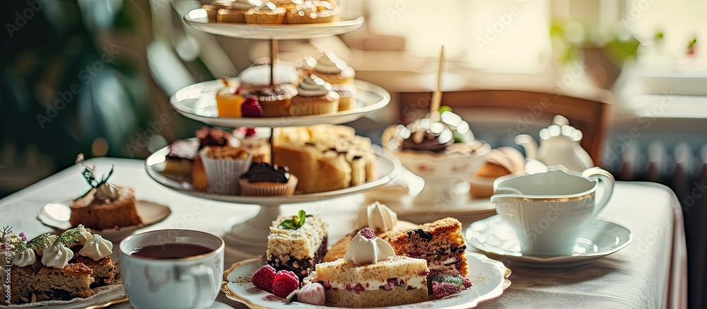 Traditional english afternoon tea with selection of cakes and sandwiches. Creative Banner. Copyspace image Traditional english afternoon tea with selection of cakes and sandwiches. Creative Banner. Copyspace image
