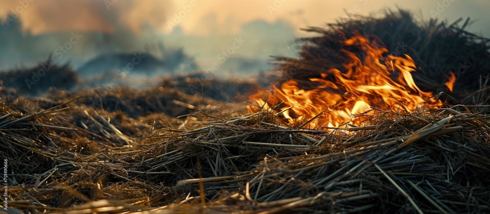 The fire burns rice straw and hay in the field at night. Creative Banner. Copyspace image The fire burns rice straw and hay in the field at night. Creative Banner. Copyspace image