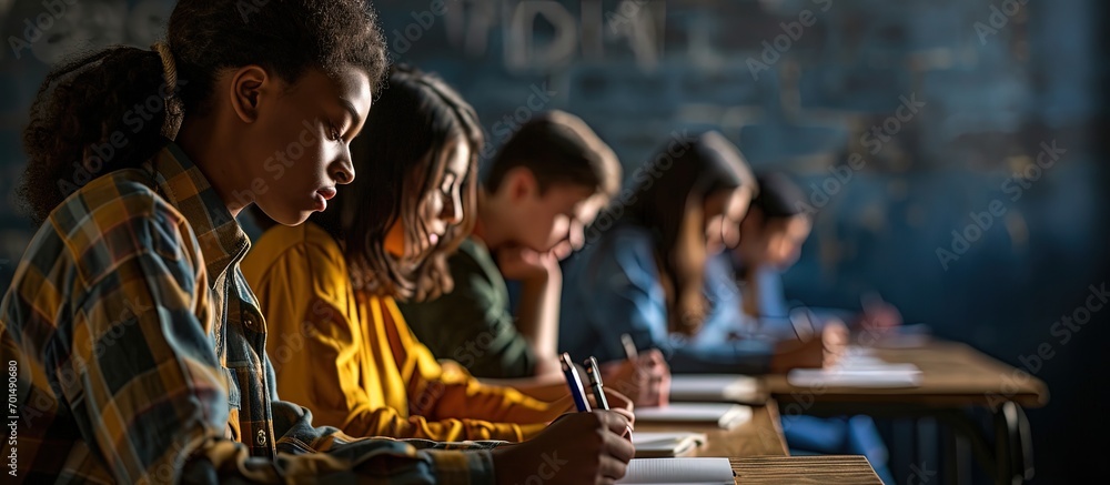 Multi ethnic teenager students taking exam at High School Technical preparation course for University. Creative Banner. Copyspace image Multi ethnic teenager students taking exam at High School Technical preparation course for University. Creative Banner. Copyspace image