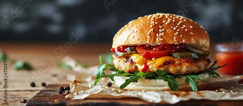 zinger burger testy crunchy crispy with added vegitable chicken miyonese and mazerrla cheese. Creative Banner. Copyspace image