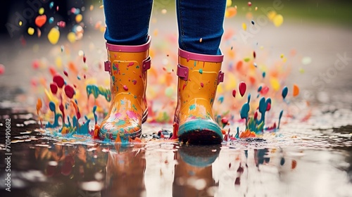 Foto Colorful wellies splashing in a puddle on a rainy spring day.
