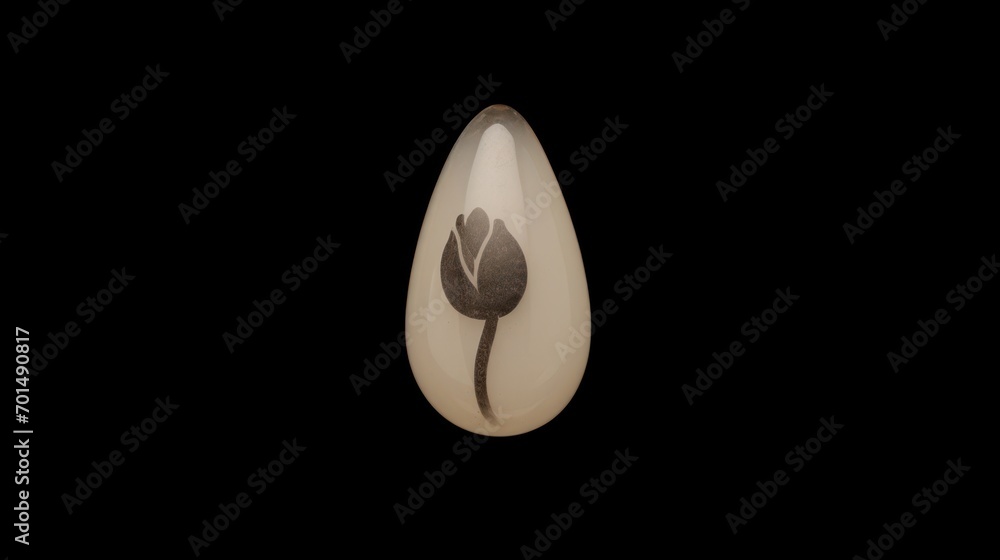  a black and white picture of a flower in a drop - shaped glass vase on a black background with a black background.