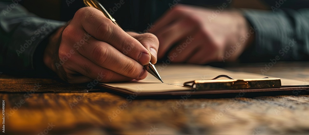 man putting his signature on the contract. Creative Banner. Copyspace image