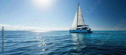 Yacht catamaran sailing on the sea with clear blue sky. Creative Banner. Copyspace image