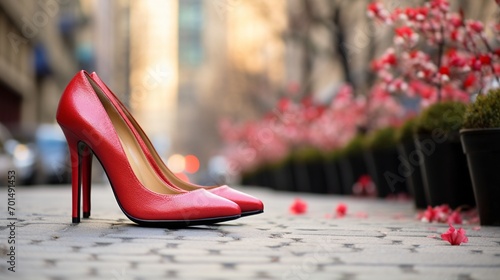 Red stilettos on a city sidewalk, with a blur of springtime activities in the background. photo