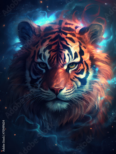 Tiger in the night with space background