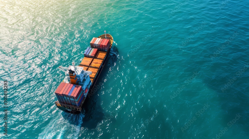 Aerial view of a cargo ship carrying containers in the open sea
