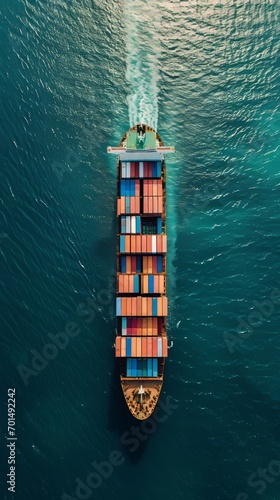 Aerial view of a cargo ship carrying containers in the open sea