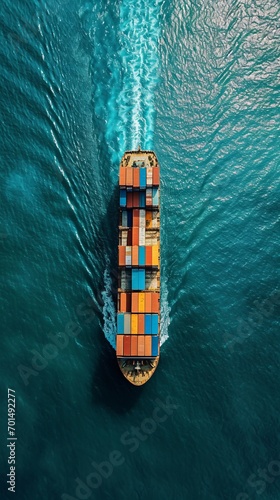 Aerial view of a cargo ship carrying containers in the open sea