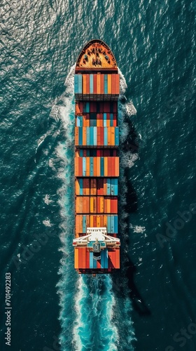 Aerial view of a cargo ship carrying containers in the open sea