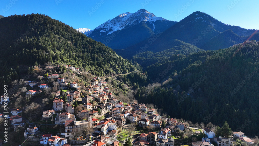 Aerial drone photo of iconic small traditional village of Megalo Chorio built on a mountain slope near famous village of Karpenissi, Evrytania, Greece
