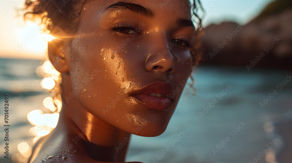 Sun-Kissed Portrait of a Young Woman at the Beach During Sunset Sun-Kissed Portrait of a Young Woman at the Beach During Sunset