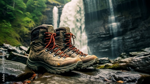 Well-traveled hiking boots on a trail leading to a breathtaking spring waterfall. photo