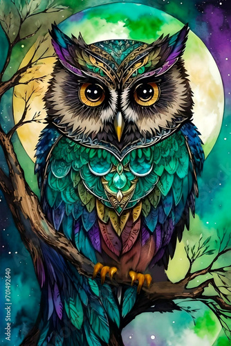 Jewel-toned alcohol ink detailed watercolor owls