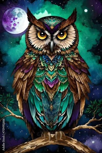 Jewel-toned alcohol ink detailed watercolor owls