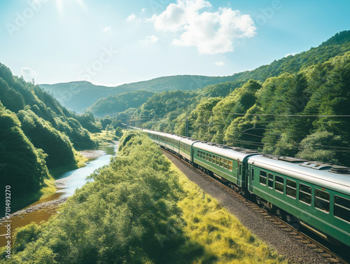 "Train glides on tracks amidst lush fields under blue skies, offering a serene, pastoral journey."