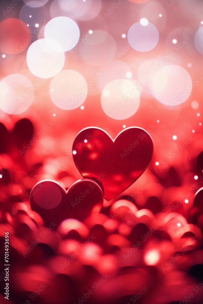 Red hearts background with bokeh lights. Poster or invintation for Valentine's Day event or party. Website header or banner with copy space.