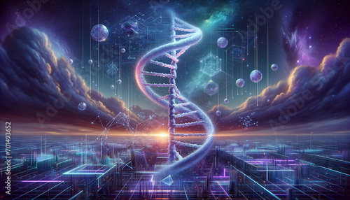 Bioinformatics: Illuminated DNA Helix in Cybernetic Landscape photo