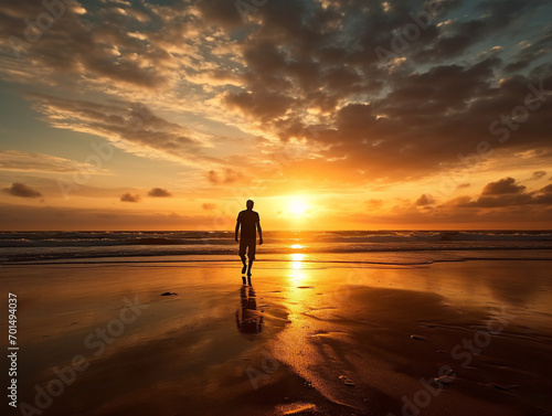 Traveler's silhouette stands out before a breathtaking sunset, invoking wanderlust and serene reflection, image 00087.