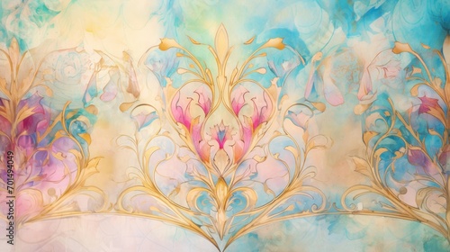  a painting of pink and blue flowers on a blue and yellow background with a gold leaf design on the left side of the image.