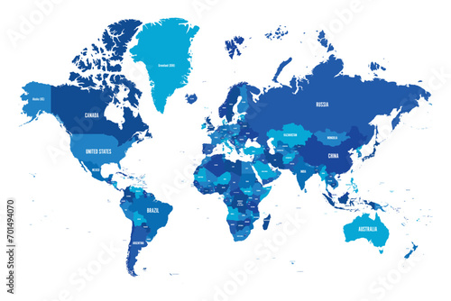 Map of World. Mercator projection. High detailed political map of countries and dependent territories. Simple flat vector illustration