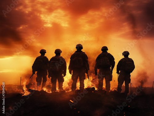  Silhouette of soldiers stand against a blazing sunset  evoking a somber and contemplative atmosphere. 