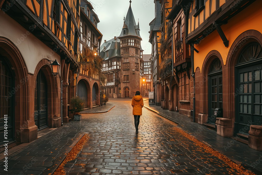 Autumnal Wanderlust: A Visitor in a Vibrant Coat Roams a Cobblestone Street in France