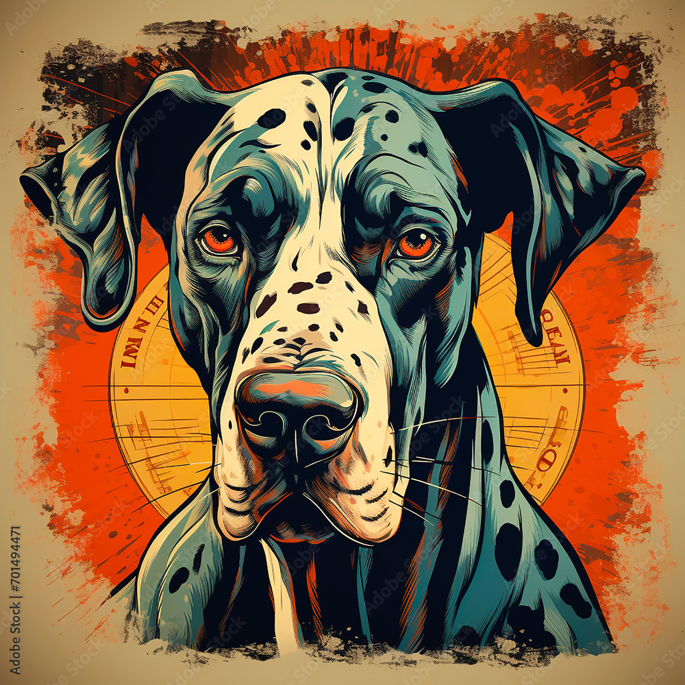 Great dane dog, old vintage retro postcard style, close-up portrait, cute pet, creative animal illustration