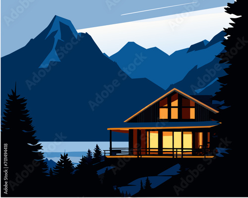 Landscape of a cabin in the mountains next to the river, in the evening in the cozy house lights are on