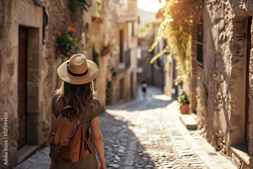 Golden Hour Wanderlust: Woman Navigating a Rustic Spanish Village Street