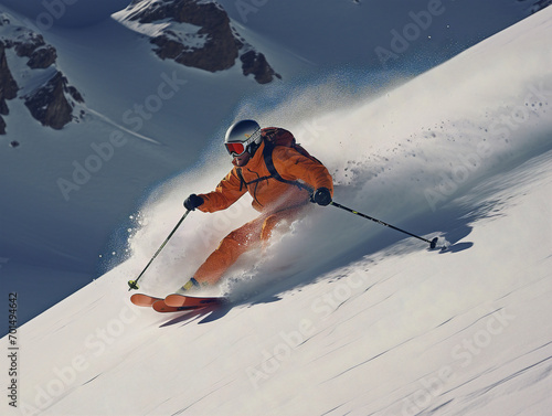 A skier swiftly descends a pristine, snow-covered mountain slope under a clear, vibrant blue sky. © Szalai