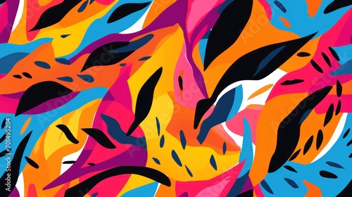  a multicolored pattern of leaves on a blue, yellow, pink, orange, and black background is shown.