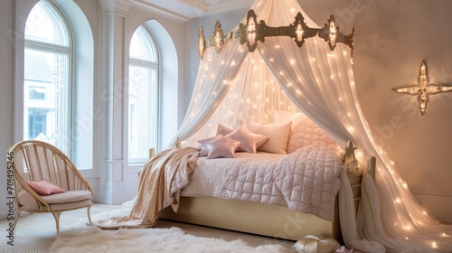  a bedroom with a canopy bed and a chandelier with lights on it and a chair in front of the bed.