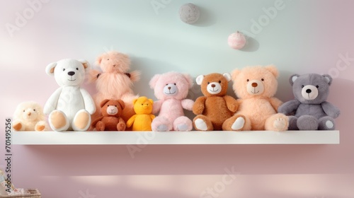  a group of teddy bears sitting on top of a shelf next to a teddy bear on the other side of the shelf. © Anna
