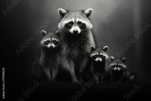 foggy black and white portrait of a raccoon mom and her kids © StockUp