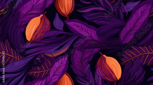  a bunch of purple and orange leaves on top of a dark purple background with orange leaves on the bottom of the image.