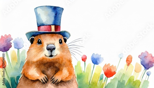 Groundhog wearing a top hat with plenty of blank copy space for your text.  photo