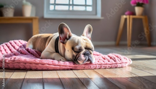 Young french bulldog puppy dog sleeping on knitted blanket photo
