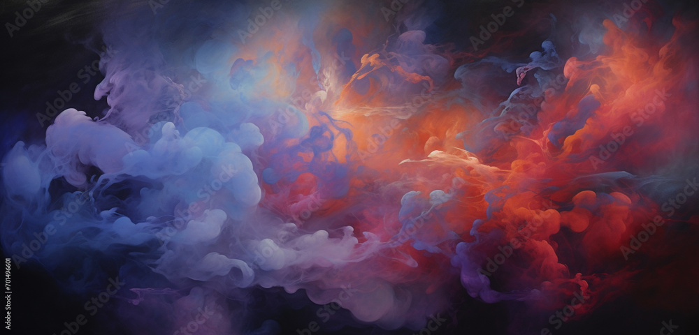 Bursting streams of vermilion and sapphire smoke weaving an ethereal narrative, painting the atmosphere with a captivating symphony of hues. - obrazy, fototapety, plakaty 