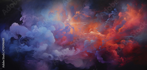 Bursting streams of vermilion and sapphire smoke weaving an ethereal narrative, painting the atmosphere with a captivating symphony of hues.