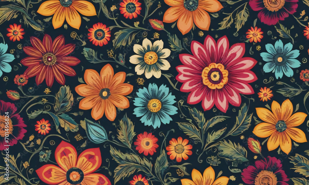 Bunch of colorful flowers on a black background