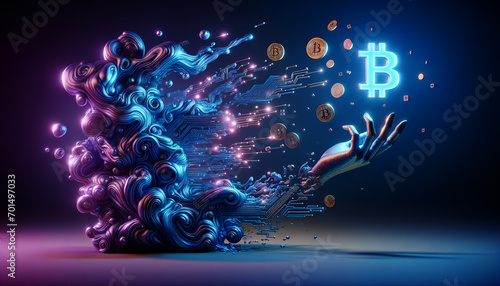 Organic-Digital Fusion: Fluid shapes morph into crypto symbols, blurring human-digital boundaries.