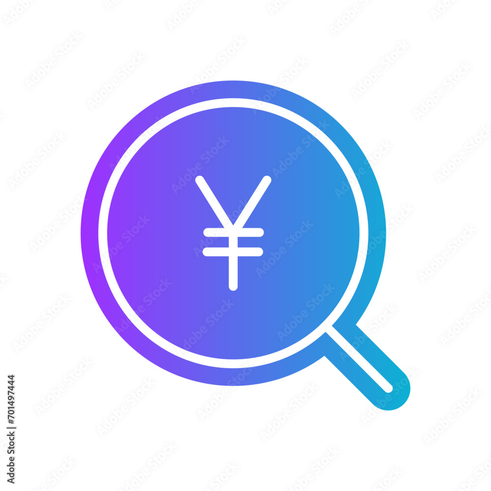 Obraz premium gradient icon purple - Magnifying glass with Yen currency symbol. A minimalist icon of a magnifying glass with a Yen currency symbol, representing the search for financial data related to the Yen