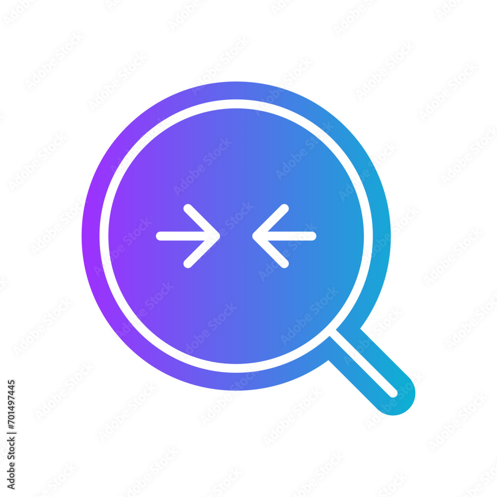 gradient icon purple - Magnifying glass with inward arrows. A minimalist icon of a magnifying glass with arrows pointing inward, symbolizing contraction, zooming out, or minimizing gradient icon purple - Magnifying glass with inward arrows. A minimalist icon of a magnifying glass with arrows pointing inward, symbolizing contraction, zooming out, or minimizing