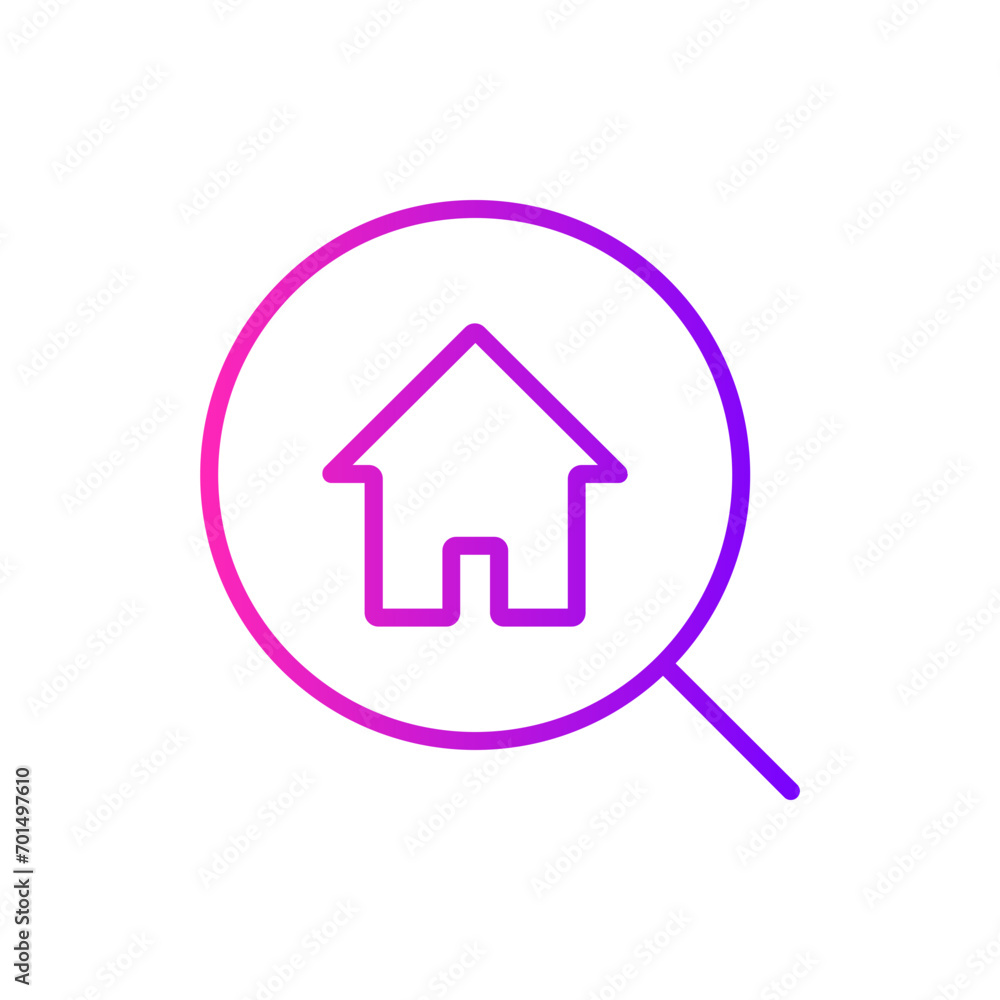 gradient icon purple - Magnifying glass with a house icon, representing property search, real estate, and home finding services gradient icon purple - Magnifying glass with a house icon, representing property search, real estate, and home finding services