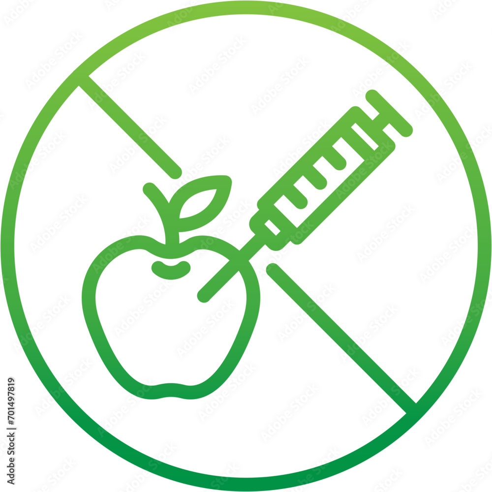 gradient green icon - Non-GMO apple icon with a crossed-out syringe, symbolizing food free from genetic modification and chemical additives gradient green icon - Non-GMO apple icon with a crossed-out syringe, symbolizing food free from genetic modification and chemical additives