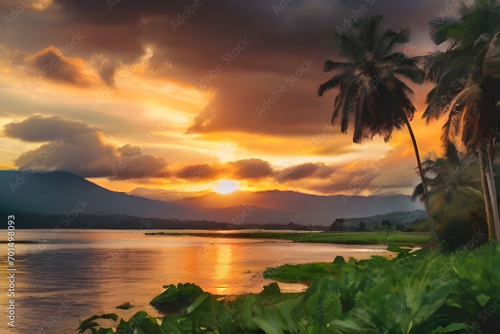 Colombia nature photo sunset nature latam, Beautiful views, mesmerizing landscapes, traveling through the nature of the lagoon, Creative photos, interesting details Generative Ai
