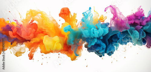 Dynamic explosions of vibrant colored powder and energetic colorful paint splashes, forming abstract design elements on a pristine solid white backdrop. © Abdul