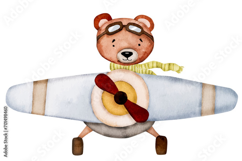 Cute teddy bear pilot flying in plane watercolor painting for postcard. Cartoon animal aquarelle drawing for children baby decoration